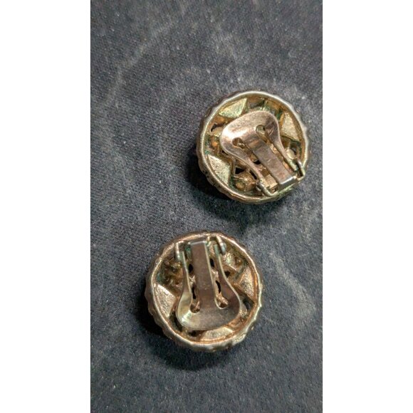 Gold-Tone Clip On Statement Earrings With Clear Rhinestones Round Vintage Style - Picture 3 of 8